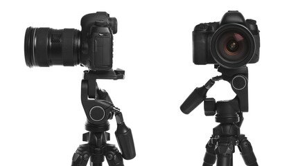 Modern tripods with professional cameras on white background