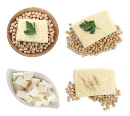 Set with delicious tofu on white background, top view