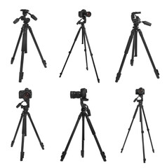 Set of modern tripods with professional cameras on white background