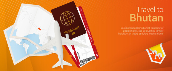 Travel to Bhutan pop-under banner. Trip banner with passport, tickets, airplane, boarding pass, map and flag of Bhutan.