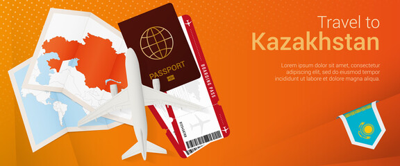 Travel to Kazakhstan pop-under banner. Trip banner with passport, tickets, airplane, boarding pass, map and flag of Kazakhstan.