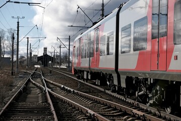 Obraz premium Lastochka electric train at Novy Peterhof station, Saint Petersburg, Russia