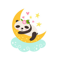 Baby panda sleeps sweetly on the moon.