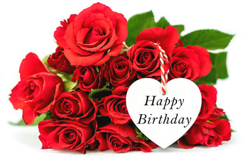Beautiful red roses and white heart. Happy birthday greeting card with flowers