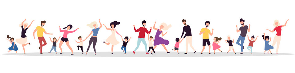 Fototapeta na wymiar Set of dancing families isolated on a white background. Happy parents and children celebrate the holiday. Family dances and parties. Vector illustration. Flat style