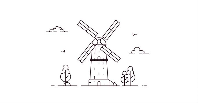 Cycle vector animation of agricultural windmill rotation, swaying trees and clouds