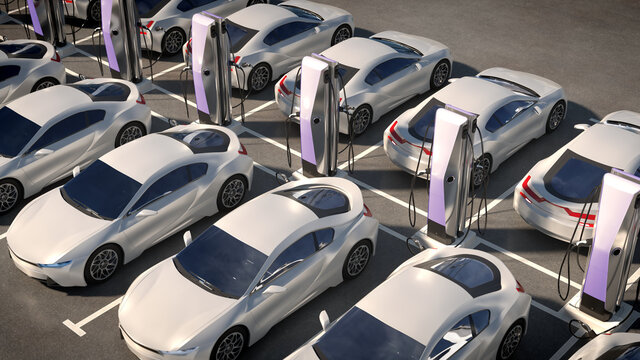 Parking electric cars. Charging stations, fast charging cars. 3d illustration