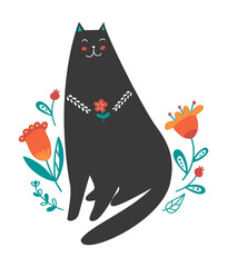 Ethnic cat with flower illustration in hand drawn style on white background. 