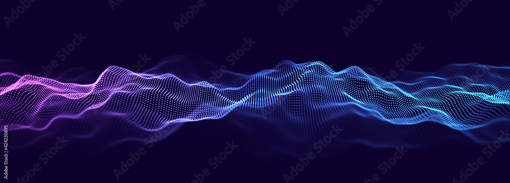 Poster abstract wave with moving dots and lines. flow of particles. cyber technology illustration. 3d rende