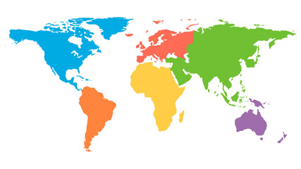Naklejka na ściany i meble World map with continents of different colors. Continents of the world. Vector illustration in a flat style.