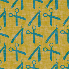 Barber shop tools vector seamless pattern background. Duotone ochre teal backdrop with scissors and razor blades With fibre blend texture.Hairdressing equipment design for male hair cutting business