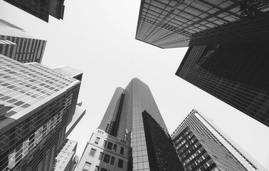 Looking up at Manhattan skyscrapers, New York City, USA.