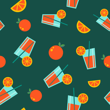 Abstract background seamless pattern with orange juice and oranges. Flat vector illustration. Textile print design. Gift wrapping paper. Summer fruit concept. Healthy organic food.