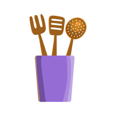 Copper kitchen utensils in the stand: spatula, skimmer, fork. Vector flat illustration isolated on a white background.