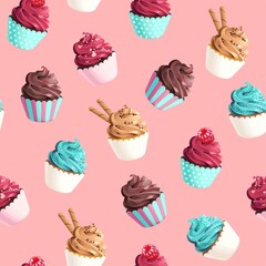 Seamless vector pattern with pastel pink cupcakes