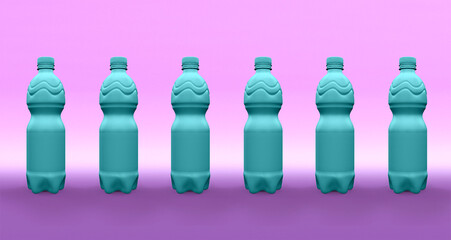 mineralwasserflaschen in reihe aufgestellt, undurchsichtige plastikflaschen, 3d rendering, vereinfachte darstellung, ohne marke oder etikett, farbverlauf im hintergrund, stilisiert in modernem design