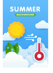 Paper cut weather vertical poster concept. Summer background. Scenery. Tremometer, sun, fluffy clouds and green leaves on a blue background. Can be used in applications on a smartphone. Summer mood.