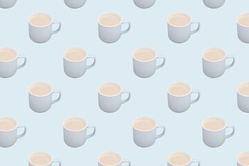 seamless pattern of milky coffee cup on light blue background