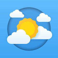 Paper cut weather postcard concept. Sunny day. Sun behind the clouds. Vector cartoon flat illustration. Can be used on websites and web banners.