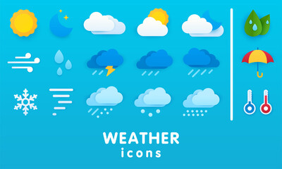 Set of vector paper cut weather icons. Icons for sunny, cloudy, rainy, windy and snowy weather. Umbrella, thermometers, green leaves, sun and moon from behind the clouds, snow and rain clouds.