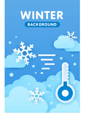 Paper cut weather vertical poster concept. Winter background. Landscape. Tremometer, snowflakes, fluffy clouds and snow on a blue background. Can be used in applications on a smartphone. Winter mood.