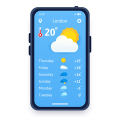 Vector concept of paper cut weather. Weather forecast application on smartphone. Sunny day concept with temperature.. Cartoon flat illustration that can be used for websites and web banners.