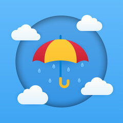 Paper cut weather postcard concept. Rainy day. An umbrella that protects from the rain. Vector cartoon flat illustration. Can be used on websites and web banners.