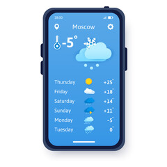 Vector concept of paper cut weather. Weather forecast application on smartphone. Snowy day concept with temperature. Cartoon flat illustration that can be used for websites and web banners.