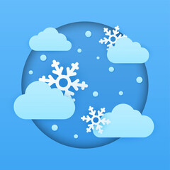 Paper cut weather postcard concept. Snow. Cold clouds and snowflakes. Vector cartoon flat illustration. Can be used on websites and web banners.
