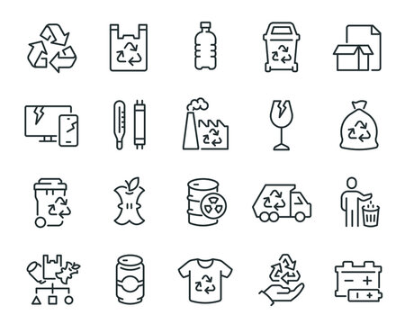 Waste Sorting Icons Set. Such as Garbage Truck, Garbage Can, Clothes, Battery, Food Waste, Glass, Household Appliances, Plastic, Paper and other. Editable vector stroke.
