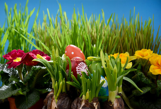 Beautiful easter still life with eggs and flowers stock images. Traditional hand painted easter eggs and fresh colorful spring flowers stock photo. Easter egg hidden in the grass for the hunt images