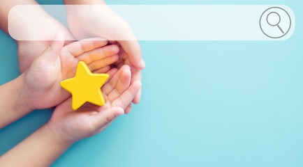 Customer Experience.search.Best Excellent Services for Satisfaction present by Hand of Client giving a Star Rating.family Giving Star Feedback.Clients Choosing Satisfaction Rating.Customer Service.