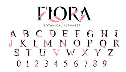 Vector Floral Alphabet with decorative leafs elements. Modern elegance font with uppercase letters. Vector Illustration.