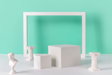 Mock up with podium for product display, gypsum ancient sculpture and frame