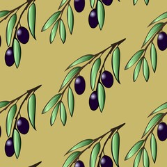 Seamless pattern, Olive branches with fruit on beige background close-up