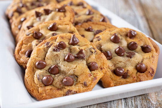 A closeup view of a plate of chocolate chip cookies.