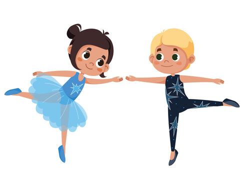 Ballet boy and girl vector cartoon illustration. Children in beautiful outfits are dancing. Woman in a blue dress.
