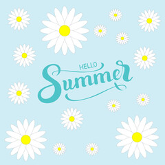 Hello summer - background of white daisies in cartoon style. Design for children's screensaver, floral pattern for a bright cover.
