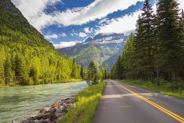 Upper McDonald Creek and Going-to-the-Sun Road with mountain background, Glacier National Park,...