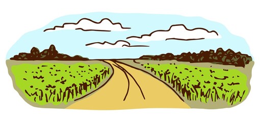 Simple hand-drawn color vector drawing. Rural panoramic landscape, road, field, clouds in the sky, trees on the horizon. For labels, packaging. Village, nature.