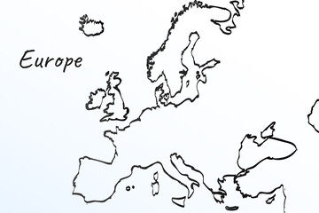 Hand draw map of Europe. Black line drawing sketch. outline doodle on white background. handwriting script name of the country. vector illustration