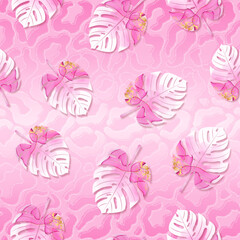 Pink leopard pattern with tropical leaves
