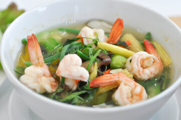  shrimp soup, shrimp and vegetable soup or spicy soup in Thai food