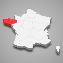 Brittany region location within France 3d isometric map