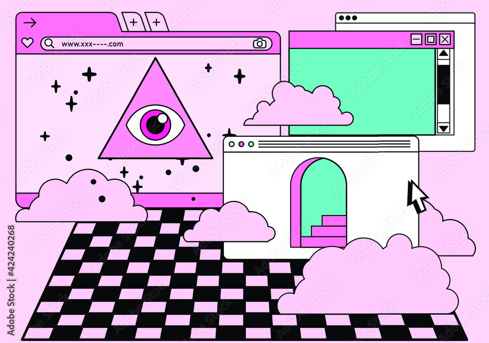 Poster Retro vaporwave desktop with message boxes and user interface elements. A conceptual illustration of ransomware, spyware and computer security.