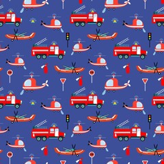 Seamless pattern with fire trucks, helicopter, airplane. Design for fabrics, textiles, wallpaper, packaging, children's room decoration.