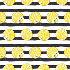 lemons on stirped seamless background. Summer festive pattern. Raster