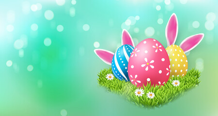 Happy Easter banner template with Easter eggs and green grass daisy flower rabbit ear