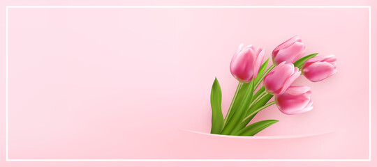 Cute lovely elegant pink tulip flower banner template