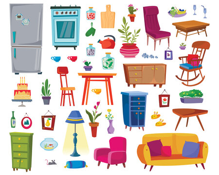 Large set of furniture and interior items. Kitchen furnishings. Living room or study. Vector in cartoon style.